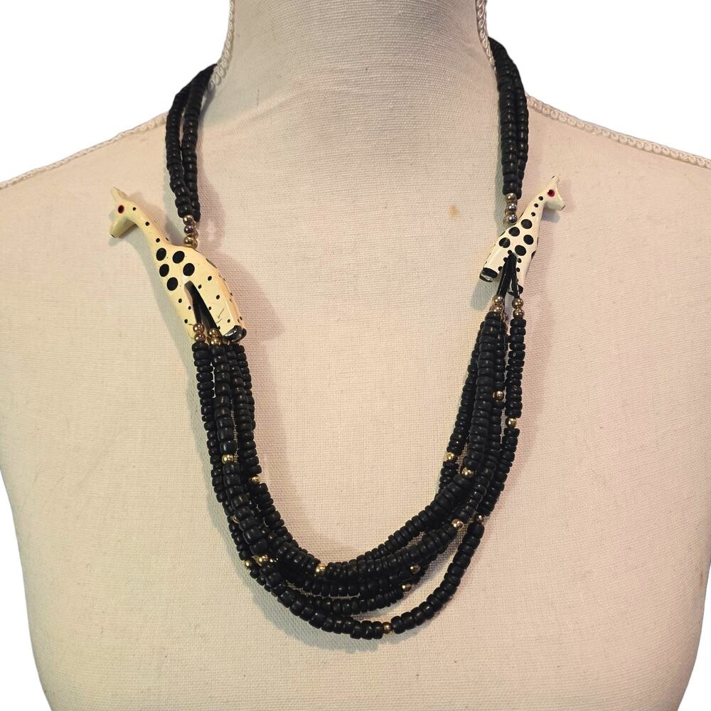 Vintage African Giraffe Necklace Multi Strand Beaded Animal Statement Jewelry 28